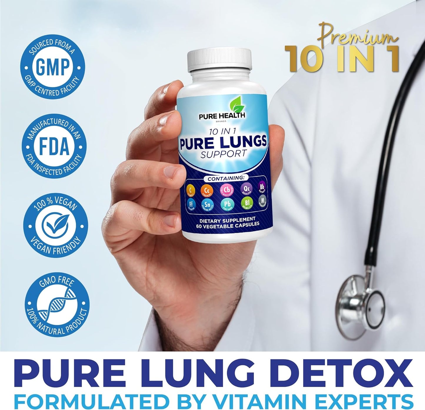 10 in 1 - Lung Detox & Cleanse for Smokers - Quit Smoking Aid - All-Natural Detox for Smokers, Promoting Clear Lungs & Lung Support - Vegan Supplement for Lung Detox; Supports Respiratory Health