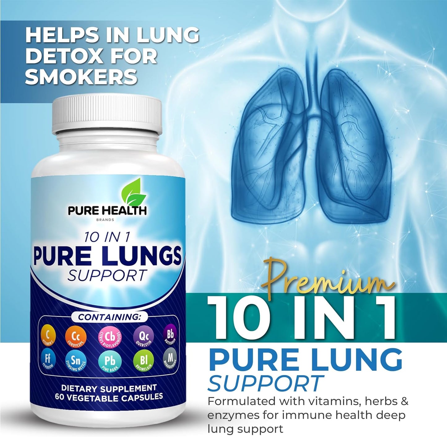 10 in 1 - Lung Detox & Cleanse for Smokers - Quit Smoking Aid - All-Natural Detox for Smokers, Promoting Clear Lungs & Lung Support - Vegan Supplement for Lung Detox; Supports Respiratory Health