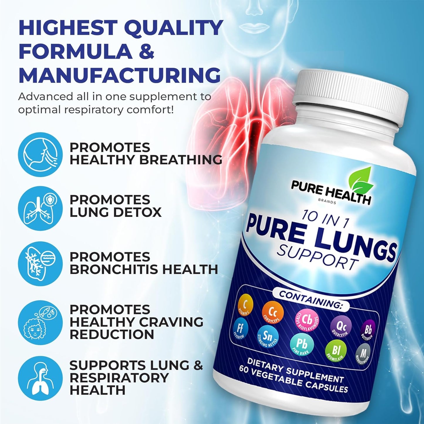 10 in 1 - Lung Detox & Cleanse for Smokers - Quit Smoking Aid - All-Natural Detox for Smokers, Promoting Clear Lungs & Lung Support - Vegan Supplement for Lung Detox; Supports Respiratory Health